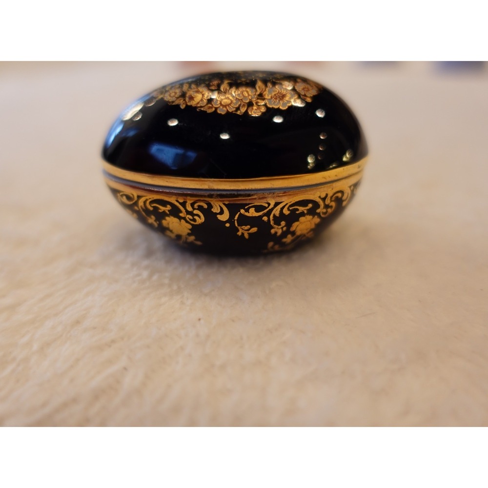 Vintage Limoges Castel Black 22K Gold Trinket Egg Shaped Pill Box Floral France